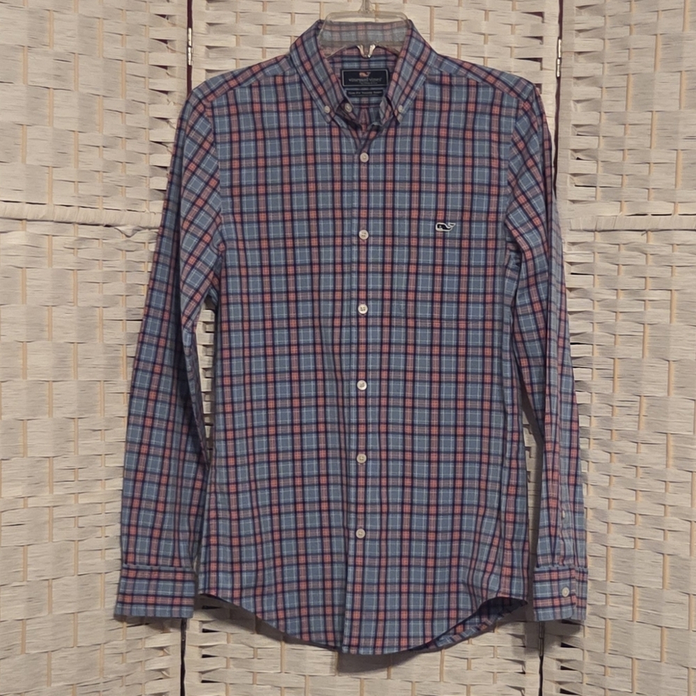 Vineyard Vines Men's Pink and Blue Checkered Shirt, SIZE XS SLIM FIT
